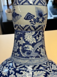 A large Chinese blue and white vase with dragons, peonies and antiquities, Johanneum mark, ex-collection of August the Strong, Kangxi