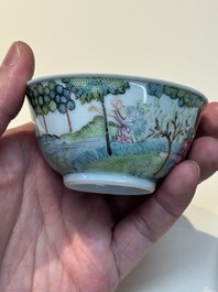 A Chinese famille rose 'Procris and Cephales' cup and saucer, Qianlong