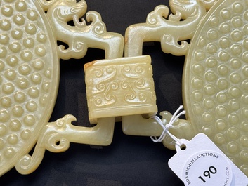 An imperial Chinese yellow jade 'dragon and phoenix' twin 'bi' disc, Qing