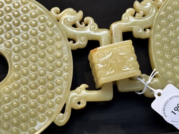 An imperial Chinese yellow jade 'dragon and phoenix' twin 'bi' disc, Qing