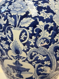 A large Chinese blue and white vase with dragons, peonies and antiquities, Johanneum mark, ex-collection of August the Strong, Kangxi