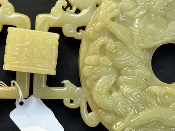 An imperial Chinese yellow jade 'dragon and phoenix' twin 'bi' disc, Qing