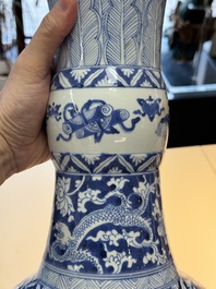 A large Chinese blue and white vase with dragons, peonies and antiquities, Johanneum mark, ex-collection of August the Strong, Kangxi