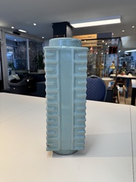 A large Chinese Longquan celadon 'cong' vase, Song/Yuan