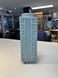 A large Chinese Longquan celadon 'cong' vase, Song/Yuan