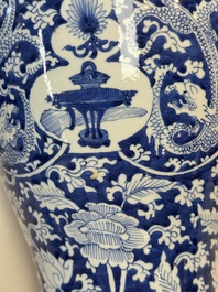 A large Chinese blue and white vase with dragons, peonies and antiquities, Johanneum mark, ex-collection of August the Strong, Kangxi