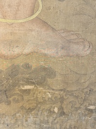 Chinese school: 'Deity and foo dog', ink and colour on silk, 16/17th C.