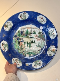 A Chinese famille verte powder-blue-ground 'landscape' dish, Kangxi