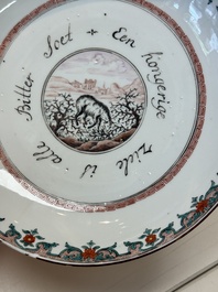 A pair of Chinese Dutch-decorated 'proverb' plates, 18th C.
