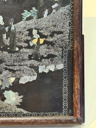 A Chinese laque burgaut&eacute; and hongmu table screen, Qing