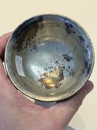 Five Chinese silver-lined laque burgaut&eacute; stem cups and a bowl, 18th C.