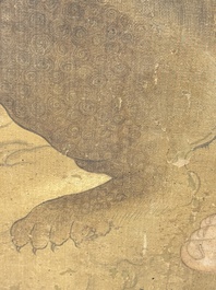 Chinese school: 'Deity and foo dog', ink and colour on silk, 16/17th C.