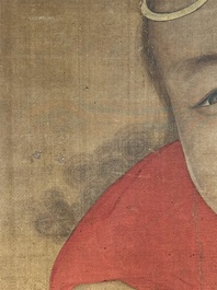Chinese school: 'Deity and foo dog', ink and colour on silk, 16/17th C.