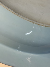 A rare large imperial Chinese blue and white 'dragon and carps' basin, Kangxi mark and of the period