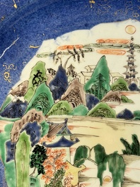 A Chinese famille verte powder-blue-ground 'landscape' dish, Kangxi