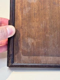 A Chinese laque burgaut&eacute; and hongmu table screen, Qing