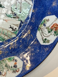 A Chinese famille verte powder-blue-ground 'landscape' dish, Kangxi
