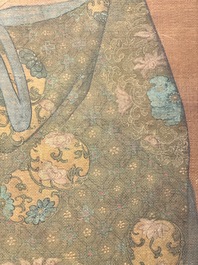 Chinese school: 'Deity and foo dog', ink and colour on silk, 16/17th C.