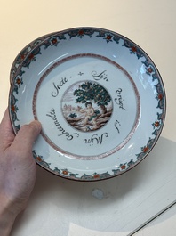 A pair of Chinese Dutch-decorated 'proverb' plates, 18th C.