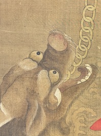 Chinese school: 'Deity and foo dog', ink and colour on silk, 16/17th C.