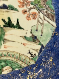 A Chinese famille verte powder-blue-ground 'landscape' dish, Kangxi