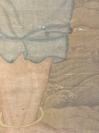 Chinese school: 'Deity and foo dog', ink and colour on silk, 16/17th C.