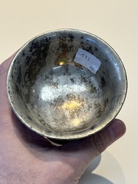 Five Chinese silver-lined laque burgaut&eacute; stem cups and a bowl, 18th C.