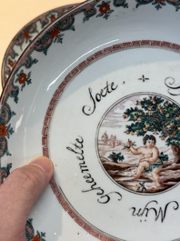 A pair of Chinese Dutch-decorated 'proverb' plates, 18th C.