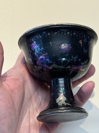 Five Chinese silver-lined laque burgaut&eacute; stem cups and a bowl, 18th C.