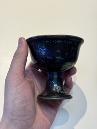 Five Chinese silver-lined laque burgaut&eacute; stem cups and a bowl, 18th C.