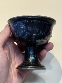 Five Chinese silver-lined laque burgaut&eacute; stem cups and a bowl, 18th C.