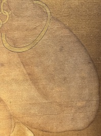 Chinese school: 'Deity and foo dog', ink and colour on silk, 16/17th C.