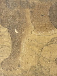 Chinese school: 'Deity and foo dog', ink and colour on silk, 16/17th C.