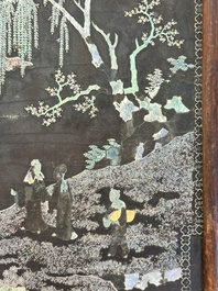 A Chinese laque burgaut&eacute; and hongmu table screen, Qing