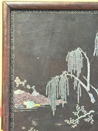 A Chinese laque burgaut&eacute; and hongmu table screen, Qing