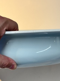 A rare large imperial Chinese blue and white 'dragon and carps' basin, Kangxi mark and of the period
