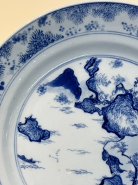 A Chinese blue and white 'Master of the Rocks' plate, Chenghua mark, Kangxi