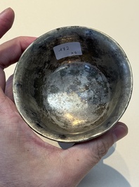 Five Chinese silver-lined laque burgaut&eacute; stem cups and a bowl, 18th C.
