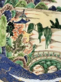A Chinese famille verte powder-blue-ground 'landscape' dish, Kangxi