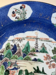 A Chinese famille verte powder-blue-ground 'landscape' dish, Kangxi
