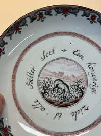 A pair of Chinese Dutch-decorated 'proverb' plates, 18th C.