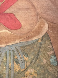 Chinese school: 'Deity and foo dog', ink and colour on silk, 16/17th C.