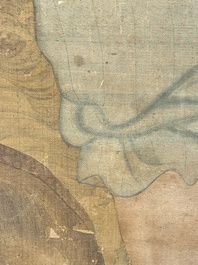 Chinese school: 'Deity and foo dog', ink and colour on silk, 16/17th C.
