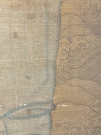 Chinese school: 'Deity and foo dog', ink and colour on silk, 16/17th C.