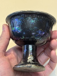 Five Chinese silver-lined laque burgaut&eacute; stem cups and a bowl, 18th C.