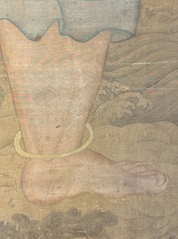 Chinese school: 'Deity and foo dog', ink and colour on silk, 16/17th C.