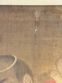 Chinese school: 'Deity and foo dog', ink and colour on silk, 16/17th C.