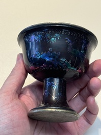Five Chinese silver-lined laque burgaut&eacute; stem cups and a bowl, 18th C.