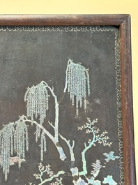 A Chinese laque burgaut&eacute; and hongmu table screen, Qing