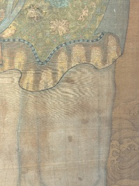 Chinese school: 'Deity and foo dog', ink and colour on silk, 16/17th C.